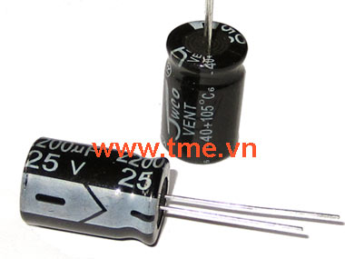 2200uF/25V ±20% Aluminum Electrolytic Capacitor, Size 13x21mm